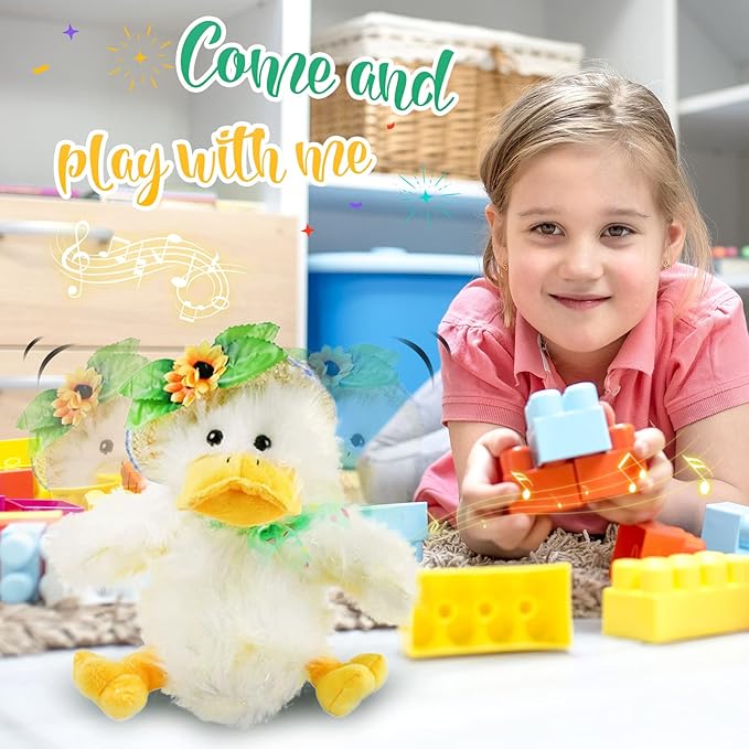 Houwsbaby 12" Electronic Duck Music Dancing Stuffed Animal Singing You are My Sunshine Waving Interactive Duck Plush Toy with Straw Hat for Boys Girls Kids Easter Birthday