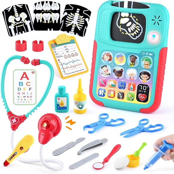 PLAY Doctor Kit for Kids with Learning Tablet, Doctors Play Set with Kids Tablet, Real Stethoscope, Various Medical Toys, Pretend Play Toys for Toddlers 3-5, Halloween Christmas Birthday Gifts