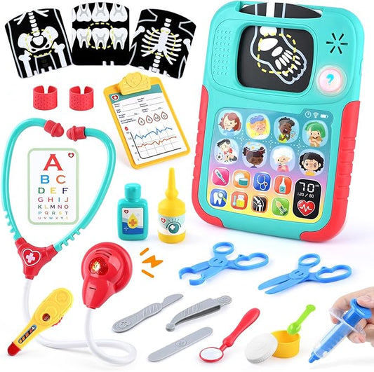 PLAY Doctor Kit for Kids with Learning Tablet, Doctors Play Set with Kids Tablet, Real Stethoscope, Various Medical Toys, Pretend Play Toys for Toddlers 3-5, Halloween Christmas Birthday Gifts