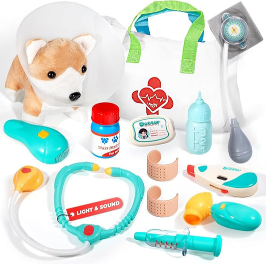 Doctor Kit for Toddlers 3-5 - Preschool Pretend Play Medical Kit with Dog Toy, Stethoscope, Blood Pressure Cuff and Carrying Bag- Dress Up Toys for Kids Ages 3+ Years