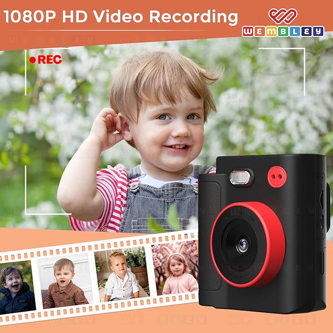 Wembley Kids Instant Print Camera with Dual Lens, 48MP, 1080P HD, 2.4" IPS Screen, 16X Zoom, 32GB SD Card, Thermal Printing, 6 Pens, 4 Rolls, USB Type-C, for Girls & Boys- Black