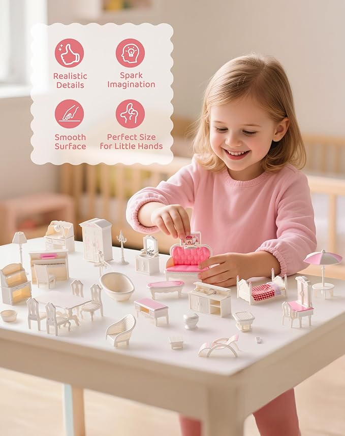 ROBUD Dollhouse Furniture Set, 30pcs Premium Pretend Play Dollhouse Accessories, Doll House Accessories and Furniture for 6 Rooms, for Dollhouse Decoration for Ages 3+
