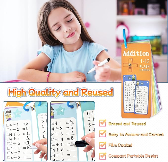 Addition Flash Cards 1-12, 15PCS Times Table Flash Cards Chart, with Dry Erase Markers Sorting Ring, 1st, 2nd, 3rd Grades Educational Math Addition Game for Kids Classroom Home
