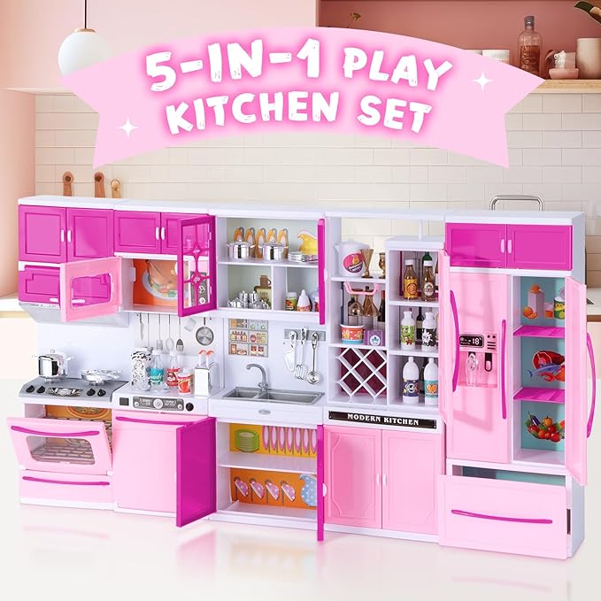 Kitchen Playset for Girls, Play Kitchen Toys for Dolls with Realistic Lights & Sounds, 56PCS Kids Pretend Play Kitchen Toy Accessories, Gifts for Toddlers Girls 3 4 5 6 Year Old