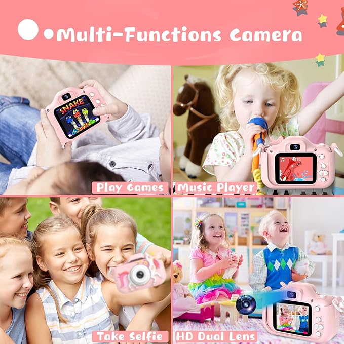 Dwfit Upgrade Selfie Kids Camera, Christmas Birthday Gifts for Boys Girls Age 3-12, HD Kids Digital Video Cameras for Toddler with Cartoon Soft Silicone Cover, Portable Toy for 3 4 5 6 7 8 Years Old