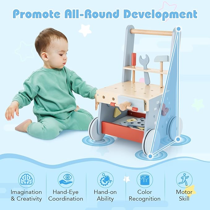 HONEY JOY Baby Push Walker, Wooden Toy Tool Bench & Activity Walker w/Shape Sorter, Develop Motor Skills & Creativity, Push Toys for Babies Learning to Walk, Gift for Boys and Girls, Blue
