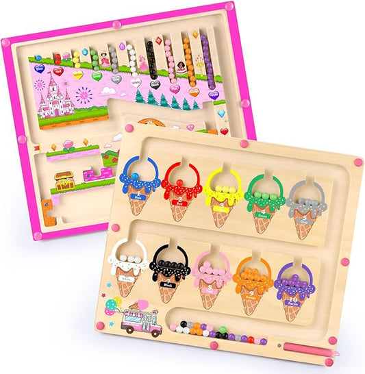 Syahro 2 in 1 Magnetic Color and Number Maze Montessori Toy for Girls Dual Purpose Wooden Magnetic Puzzle Early Learning Activity for Preschool Children Magnetic Maze Board Educational Game