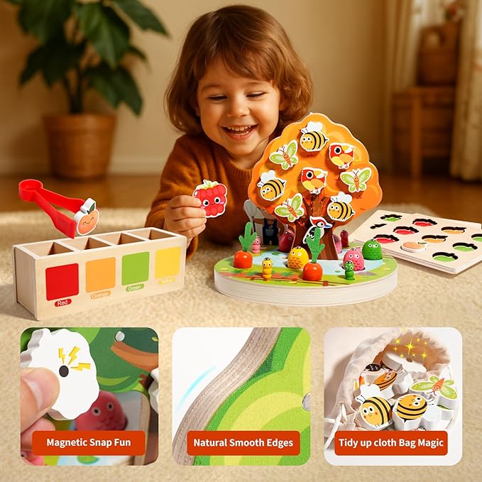 Toddler Sensory Montessori Wooden Preschool Learning Educational Gift Toy for Kids Ages 3 4 5, Shape Color Sorter Apple Picking Carrot Harvest Game,Magnetic Fishing - Fine Motor Skills Toys