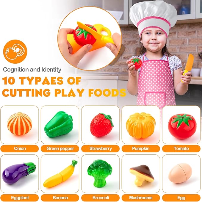 Tigerhu 26PCS Play Kitchen Accessories, Kitchen Pretend Play Cooking Toys w/ Stainless Steel Cookware, Apron & Chef Hat,Pots and Pans Set, Cutting Foods, Great Learning Gifts for Toddler & Boys Girls