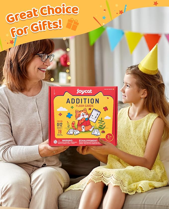 JoyCat Addition Flash Cards +Chart,78 Hole Punched Flashcards for Kids Pre K,1st,2nd,3rd Grade,Math Learning Tools Games,Perfect for Class,Birthday-with 2 Rings,1 Storage Bag