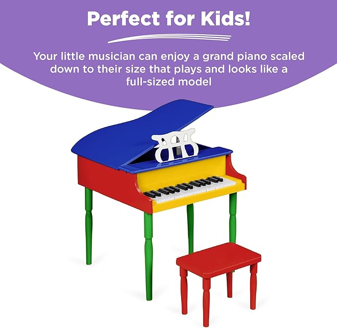 Best Choice Products Kids Classic Wooden 30-Key Mini Grand Piano Musical Instrument Toy w/ Piano Lid, Bench, Foldable Music Rack, Song Book, Note Stickers, Enamel Finish - Multi-Color