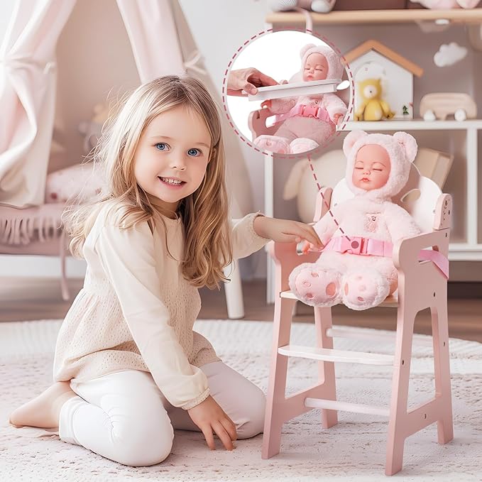 ROBOTIME High Chair for Pretend Play, Wooden Baby Doll Furniture with Safety Belt and Footrest, Fits 18 Inch Dolls, Gift for Ages 3+, White/Pink