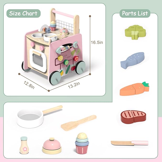 Wooden Baby Walker 4-in-1 with Push Walker Toys, Play Kitchen Accessories, Toddlers Montessori Sensory Toys, Walking Toys for Baby Girls Boys Learning to Walk