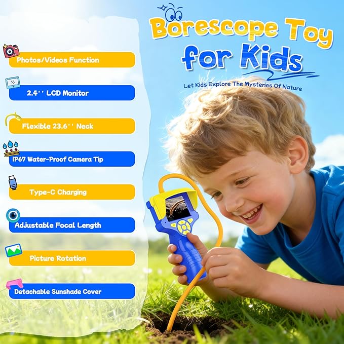 Borescope Snake Camera with Light for Kids Age 3-10, Educational Nature Science Toys Gifts for 3 4 5 6 7 8 9 10 Year Old Boys Girls with Photo & Video Recorder 8G SD Card, Hiking Camping Toys for Boy