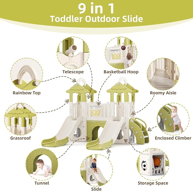 KORIMEFA 10-in-1 Toddler Slide, Kid Double Slide for Toddlers Age 1-3, Basketball Hoop, and Telescope, Indoor Outdoor Slide Toddler Playset Toddler Playground, Forest Themed Green, FE-ST-SWW0464
