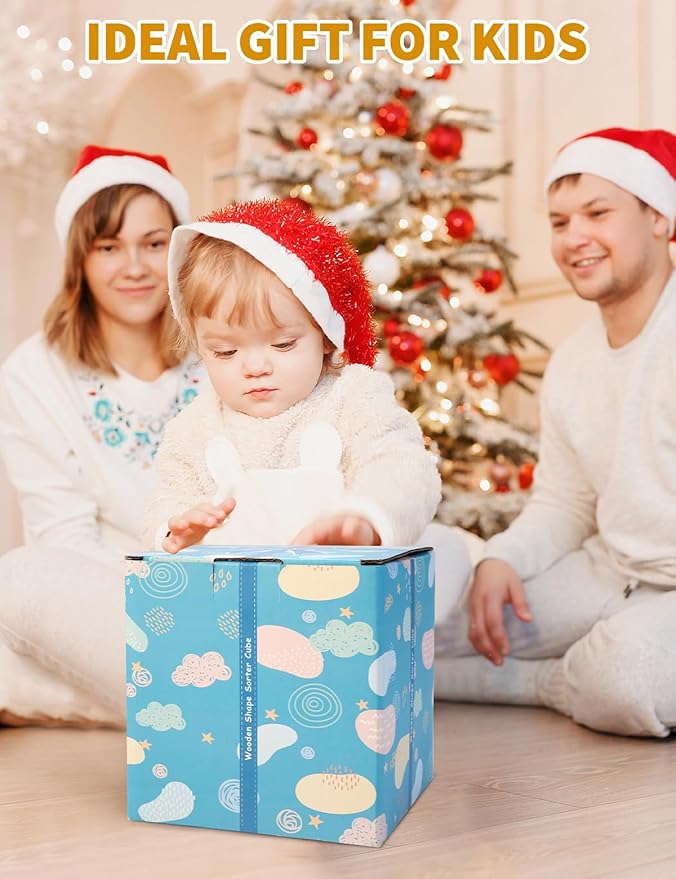 Montessori Toy for Toddlers, Shape Sorter for Babies, Wooden Shape Sorting Cube with 8 Rattling Blocks Baby Toys, Educational Learning Toy, Best Gift for Your Babies Boys Girls