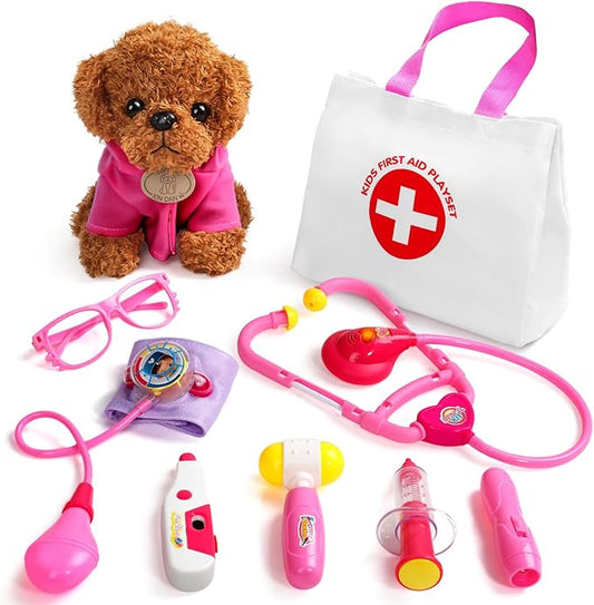 Doctor Kit for Toddlers 3-5 Girl Toys Christmas Birthday Gift for 2 3 4 Year Old Girls Kids Doctors Play Set with Plush Dog, Toy Stethoscope & Carrying Bag for Veterinarian Pretend Play (Pink)