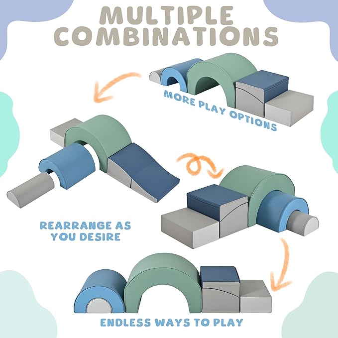 Merax Rainbow Soft Play Set, Soft Climbing Toys for Toddlers with Foldable Slide, Indoor Baby Soft Foam Blocks for Climbing and Crawling, 5-Piece