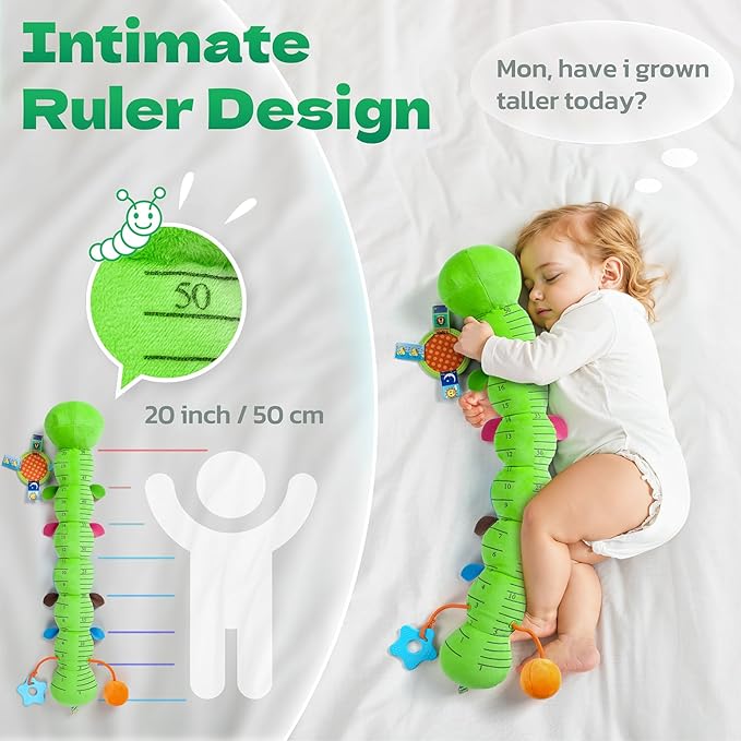HEMRLY Baby Sensory Toy 0-6 Months, Musical Stuffed Caterpillar Plush with Teether, Crinkle, Rattle, Baby Mirror for Tummy Time, Infant Car Seat Toy for 0-3-6-12 Month Boys Girls Gifts - Winged Green