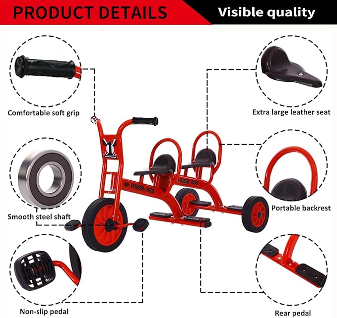 Kids Tricycle for Preschool Playground, Daycare Toddler Tandem Trike, Children Double Seat Bikes with Passenger Seat, Outdoor Playground Equipment Toddler Tricycles for Riders Ages 3+