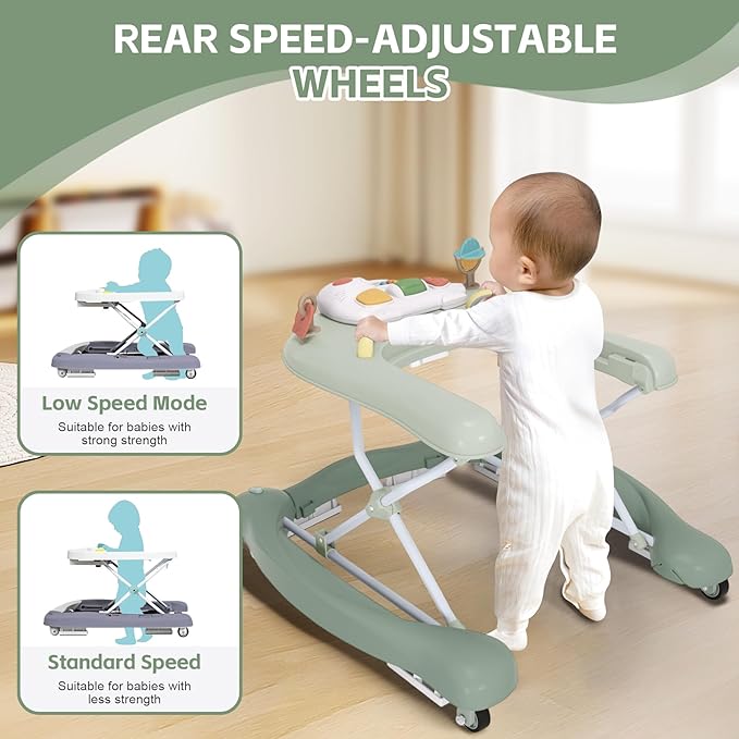 Foldable Baby 5-in-1 Activity Walker - Rocker, Activity Center, Bouncer, Seat Walker, Push Walker - Adjustable Speed Rear Wheels and Height Toys Ages 6-18 Months… (Light Green)