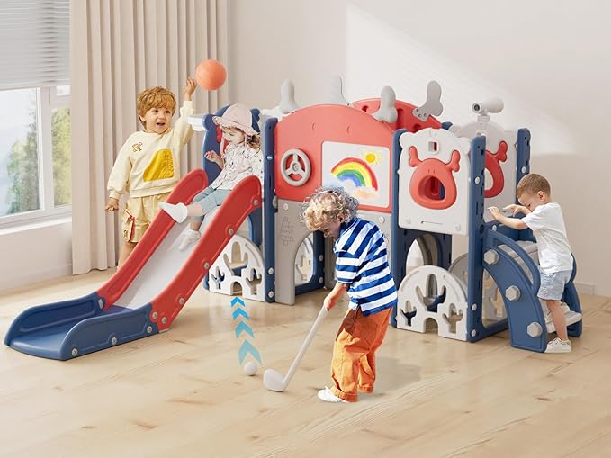 YUFU 13 in 1 Kids Slide for Toddlers, Toddler Slide Playset with Golf, Drawing Board, Climber, Basketball Hoop, Storage Space, Indoor Outdoor Toddler Playground for Kids Age 1-3 (Blue Red)