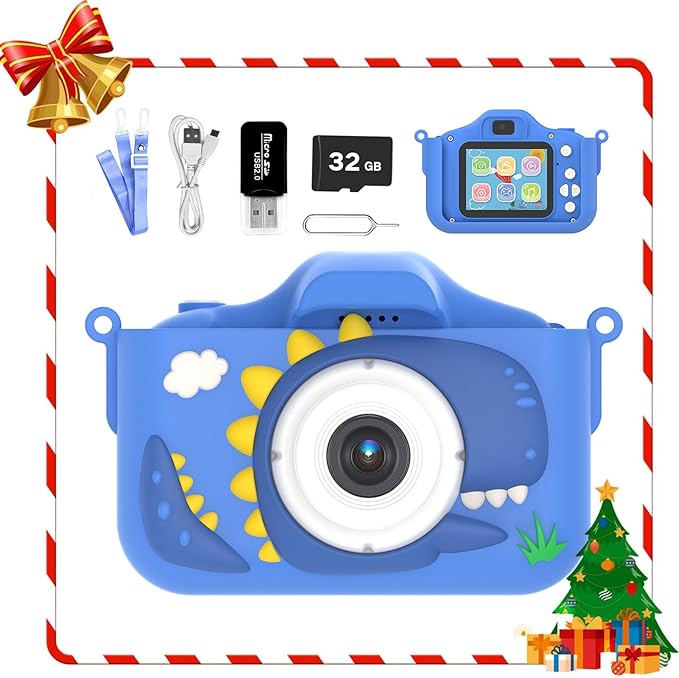 Kids Camera for 3-9 Year Old Boys Girls, Children Digital Camera with Cute Cartoon Soft Cover & 32GB SD Card, Best Christmas Birthday Gifts for Grandkids, Halloween Party Favors for Kids - Blue