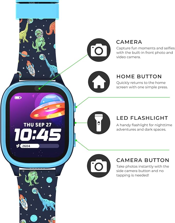 PlayZoom 4 Kids Smartwatch, Educational Tech Toy – 25+ Games, Selfie Camera, Audiobooks, Step Tracker, Water‑Resistant, Parental Controls, Long Battery, Ages 4‑12 (Navy Dinosaurs)