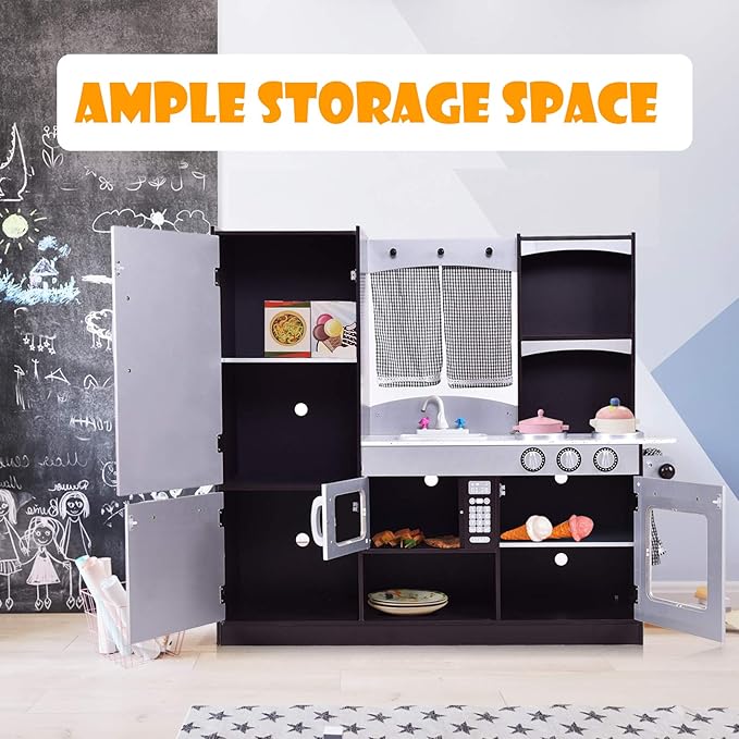 Costzon Kids Play Kitchen, Wooden Kids Kitchen Playset w/Realistic Sound, Microwave, Oven, Refrigerator, Chalkboard & Towel Rack, Toy Kitchen for Kids,Toddler, Baby, Boys & Girls (Coffee)