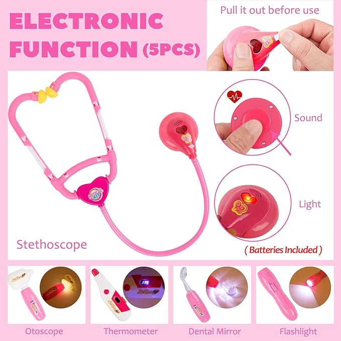 Liberry Doctor Kit for Toddlers 3-5 Years Old, 18-Piece Doctor Bag Pretend Play Toys, Durable Medical Kit with Toy Stethoscope, Pink Doctor Gift for Girls