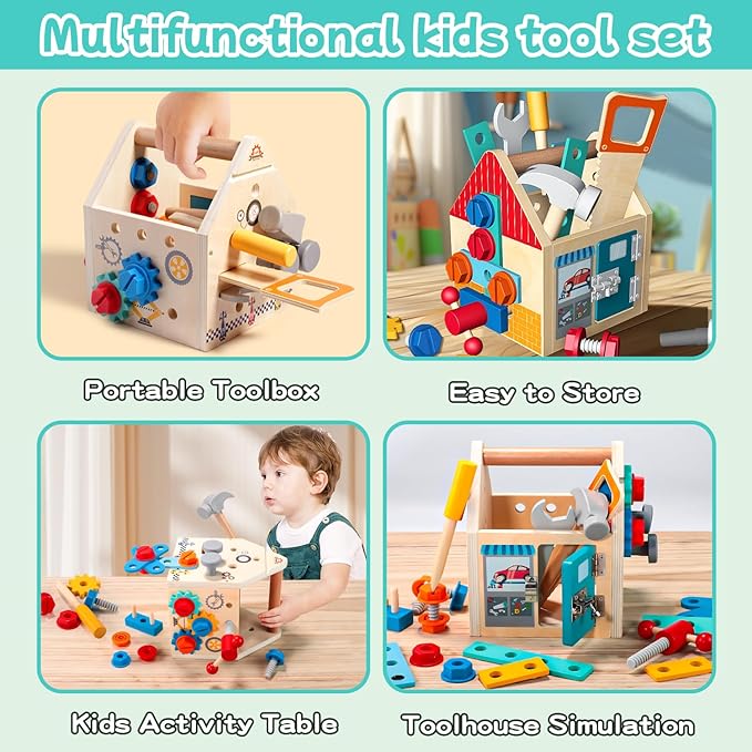 Montessori Toddler Tool Set - 33 PCS Wooden Kids Tools with Box / Bench, Montessori Educational Pretend Play Preschool Toys Gifts for 2 3 4 5 Year Old Boy Girl Kids, STEM Fine Motor Skills Tool Set