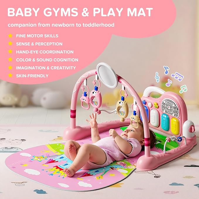 Baby Play Mat Kick and Play Piano Gym，Baby Floor Play Gym Tummy Time Mat，Baby Activity Mat with Music Lightsat and Sensory Toys Boy & Girl Gifts for Infant Newborn 0 to 3 6 9 12 Months (Pink)