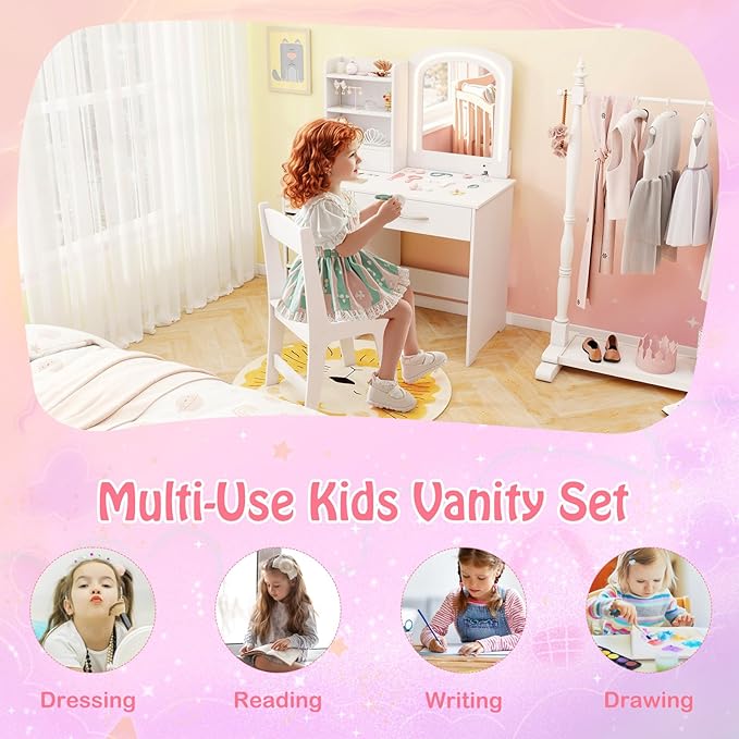 HONEY JOY Kids Vanity, Little Girls Vanity Set with Mirror and Stool and Lights, Wooden Princess Makeup Dressing Table, Storage Box & Shelf, Pretend Play Kids Vanity Table and Chair Set(White)