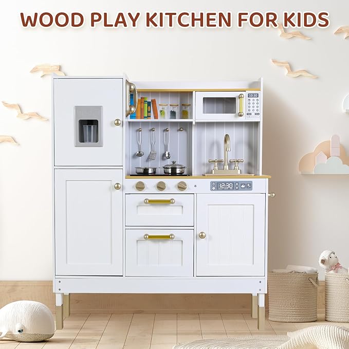 Play Kitchen, Wooden Kids Kitchen Playset, Pretend Chef Cooking Toy Set w/Realistic Lights & Sounds, Ice Maker, Telephone, Kitchen Accessories, Height Adjustable for Boys Girls Age 3+