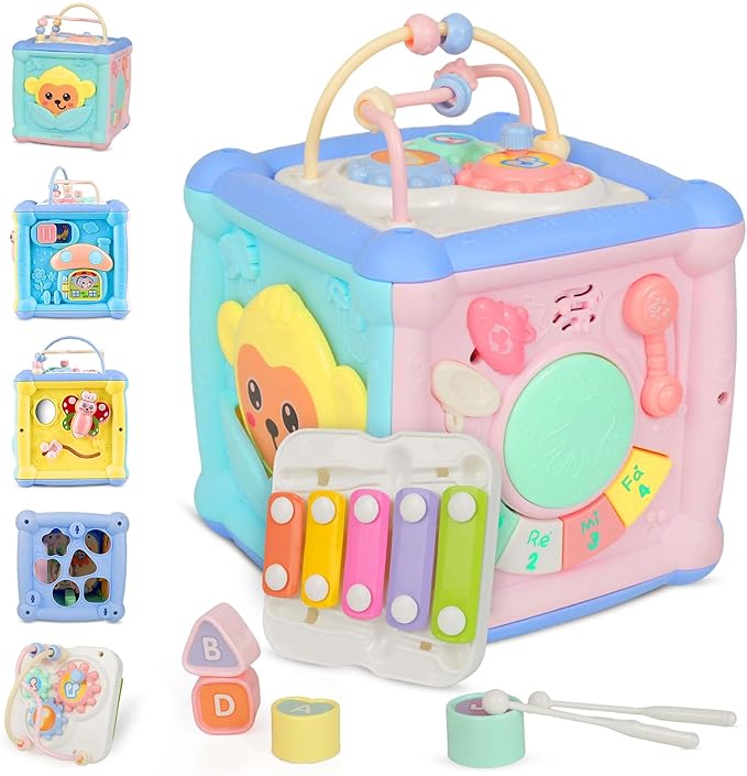 6-in-1 Baby Activity Cube for 1.5 Year Old, Educational Learning Fine Toy, Fast Learner Toddlers Activity Cube for Babies, Music & Light-Up Toy for Baby Girls and Boys, First Birthday Gifts
