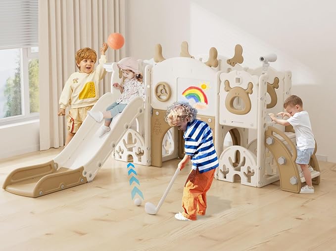 YUFU 13 in 1 Kids Slide for Toddlers, Toddler Slide Playset with Golf, Drawing Board, Climber, Basketball Hoop and Storage Space, Indoor Outdoor Toddler Playground for Kids Age 1-3 (Brown)