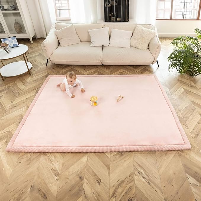 Stylish Coral Velvet Baby Play Mat 60" x 80" Pink – Soft 1" Thick High-Density Memory Foam Nursery Rug – Playmat for Floor with Non-Slip Backing for Crawling & Playing – Non-Toxic, odorless Area Rug