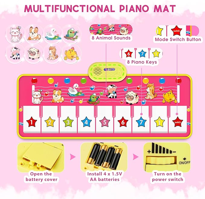 Floor Piano Mat for Toddlers, M SANMERSEN Kids Sensory Educational Dancing Keyboard Musical Mat, Animal Touch Play mat, Toddler Toys for 1 2 3 Year Old Girl Gifts