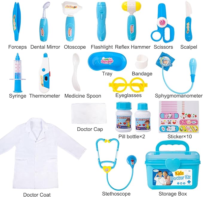 Liberry Doctor Kit for Toddlers 3 4 5 Years Old, Kids Doctor Play Set for Girls Boys Toy, Pretend Play Medical Kit with Stethoscope & Costume for Christmas Birthday Gift Blue