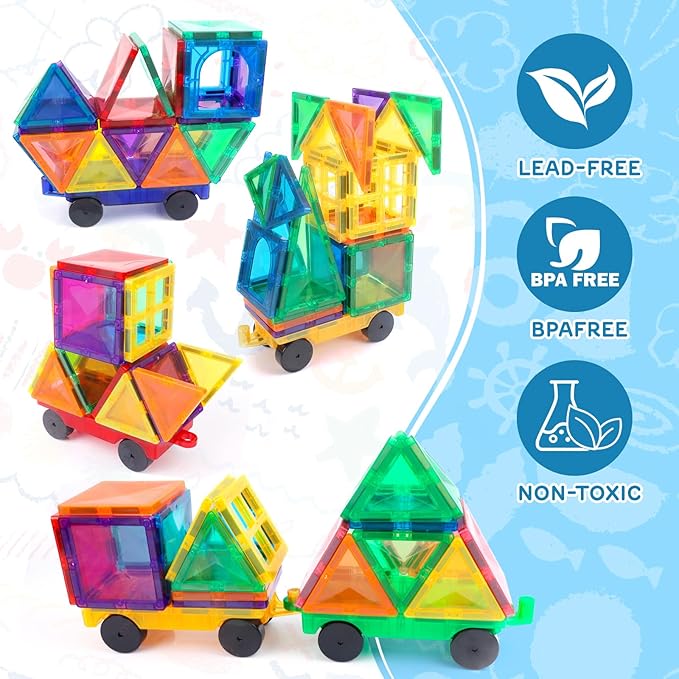 Magnetic Tiles Cars Construction Set - 4 PCS Magnetic Tiles Magnet Bricks Truck Sensory Toys, Educational Magnet Cars Set Building Blocks for 3 4 5 6 7 8+ Year Old Girls Boys