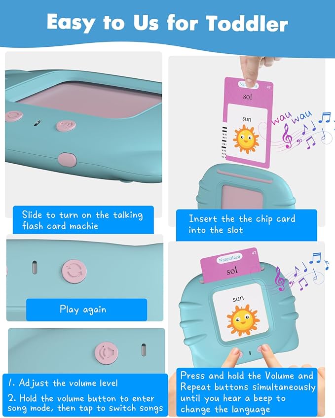 224 Words Spanish English Talking Flash Cards with Music for Toddler Age 1 2 3 4 5 6, Sensory Learning Eduactional Montessori Toys, Autism Pocket Speech Therapy Christmas Toys Gifts for Girls Boys