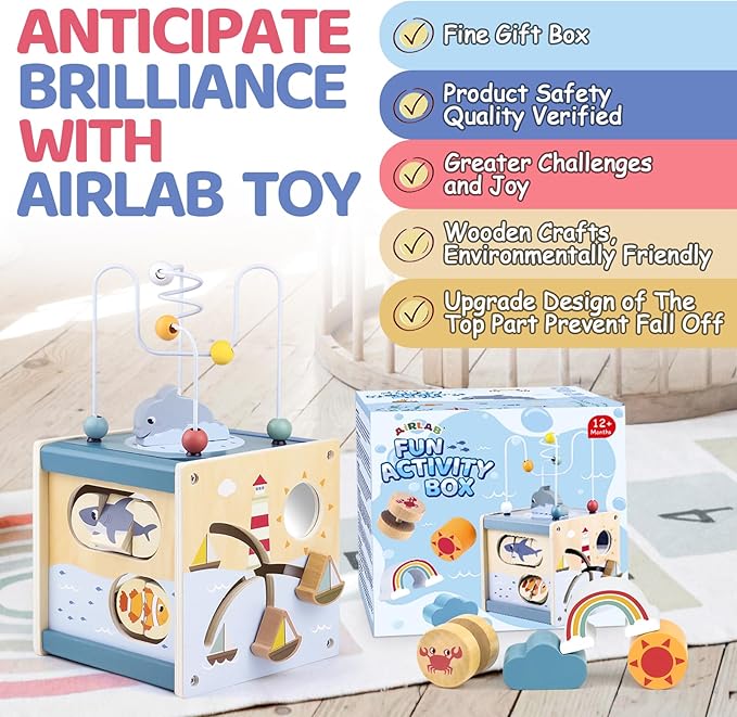 Airlab Wooden Activity Cube Montessori Toys for 1 Year Old Toddlers 12 Months + Toddler Learning Toys 1-3 Boys Girls Baby Sensory Interactive Birthday Gift