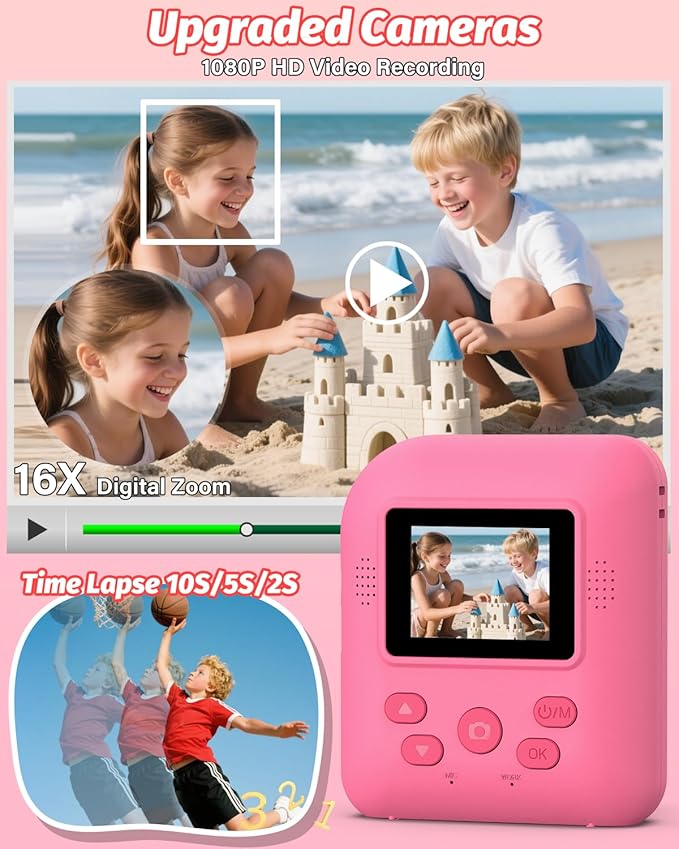 Kids Camera Instant Print Photo, Portable Thermal Printing Camera Toy with HD Digital Video, for 3-12 Years Old Boys Girls, Creativity & Learning (Rose Red)
