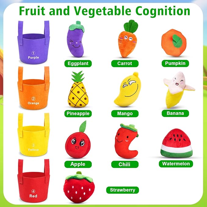 Baby Sensory Toys for 6-12 Months, Montessori Toys for 1 Year Old Boy Girl, Color Sorting & Counting, Soft Fruit Vegetable Play Food with Rattle Crinkle, Toddler Learning Toy for First Birthday Gift