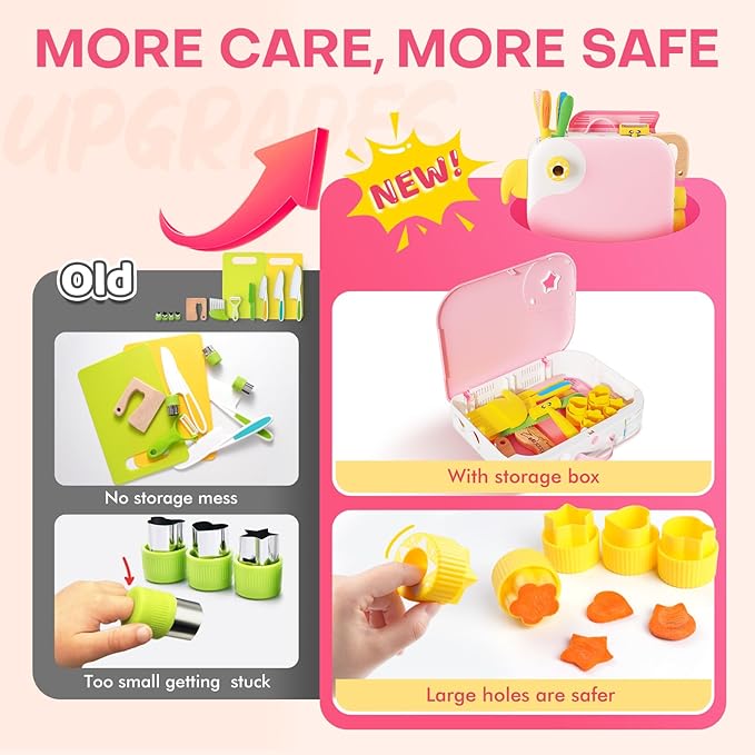 Toddler Girl Cooking Set with Storage Box-Girls Pink Kitchen Set,Safe PP Material Baby Girl Montessori Kitchen Tools for Real Cooking,Dishwasher Safe,Fun Bird-Shaped Little Chef Set