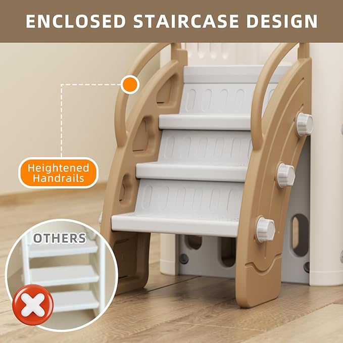 KORIMEFA 9-in-1 Toddler Slide, Kid Slide for Toddlers Age 1-3, Basketball Hoop, and Telescope, Indoor Outdoor Slide Toddler Playset Toddler Playground, Forest Themed Brown, FE-ST-SWW0308