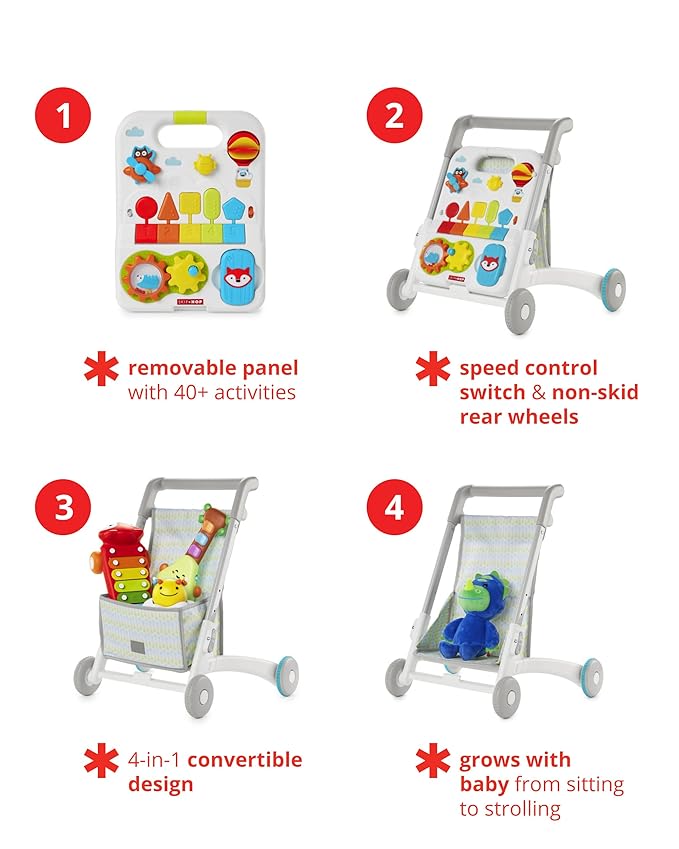 Skip Hop Baby Walker 4-in-1 Sit to Stand Convertible Light Up Walker with 40+ Activities Explore & More Age 6m+