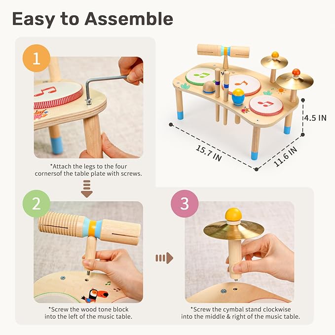 WINGYZ 11-in-1 Kids Drum Set – Montessori Baby Musical Toys & Wooden Musical Instruments for Toddlers 1-3, Music Table with Bongo Drums, Cymbals, Maracas & Wrist Bells for Early Rhythm Play