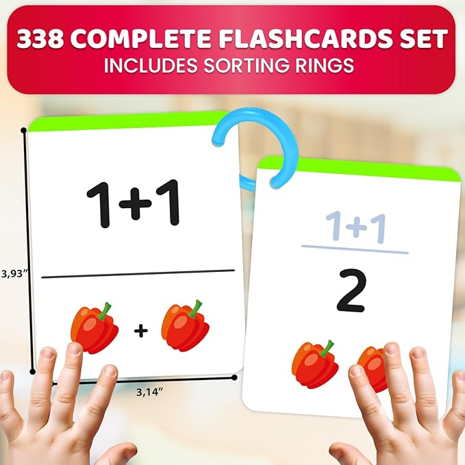 QUOKKA Addition & Subtraction Flash Cards Set for Kids Ages 4-8 – 338 Jumbo Math Flash Cards with Visual Aids, Sorting Rings & Reference Cards – Math Games for Kids 1st to 3rd Grade Classroom & Home