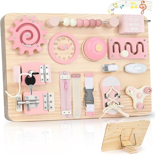Joyreal Montessori Large Busy Board with Stand, Montessori Sensory Toys for Fine Motor Skills, Wooden Fidget Activity Board for Toddlers, Gifts for Baby Girls (Large Pink)
